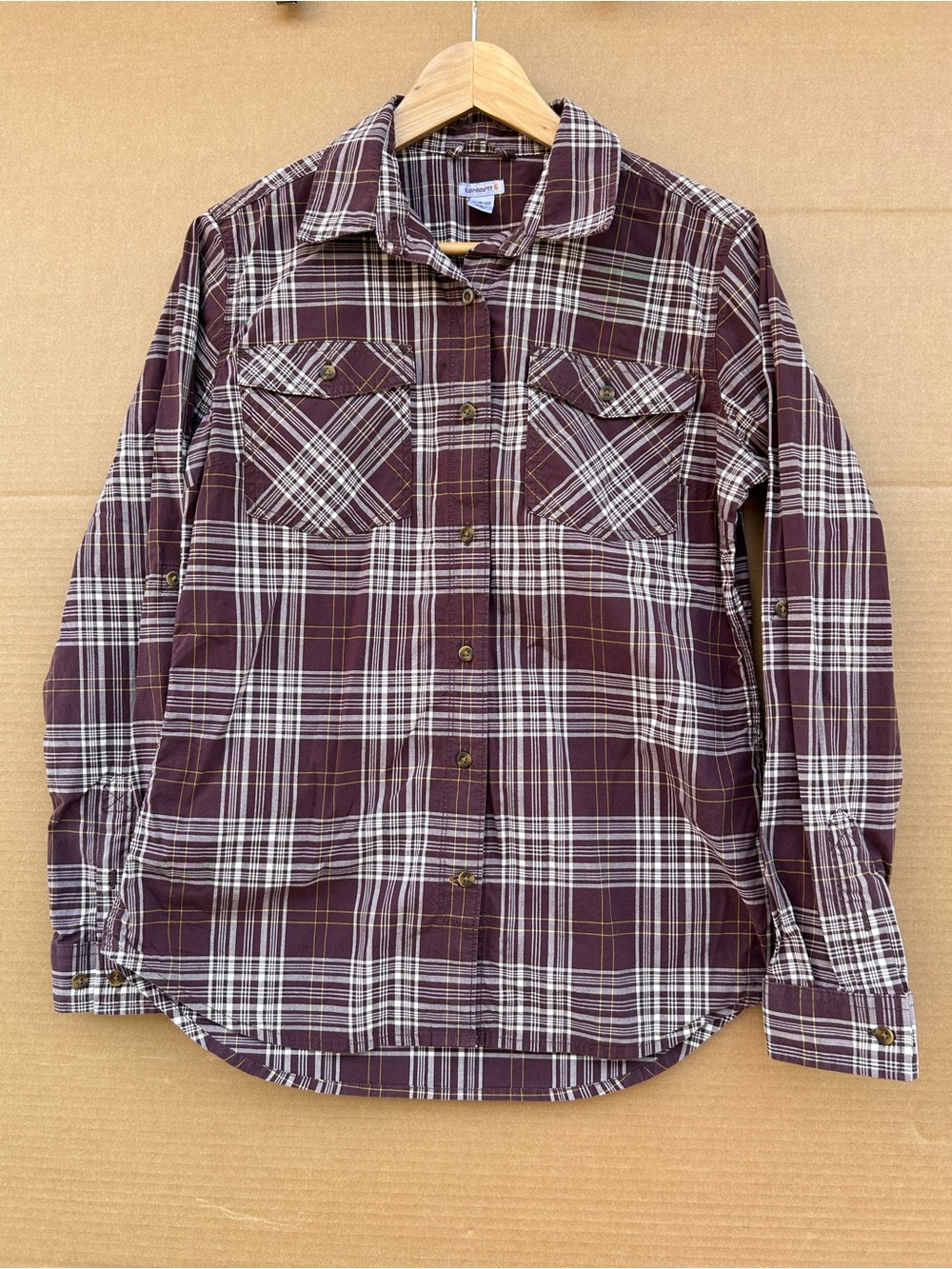 Carhartt Plaid Button Shirt Long Sleeve Women’s Sz 8/10 Brown White Workwear